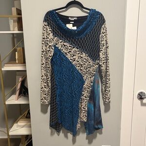 NWT Feratelli Asymmetrical Cowl Neck Blue and Black Patterned Tunic